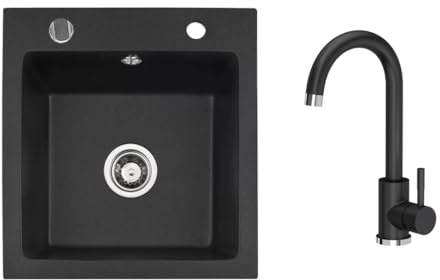 VBChome Granitdiskbänk 50 x 48 cm svart med armatur enkelt handfat inbyggd diskbänk spräcklig lättskött diskho med vattenfon, perfekt för små kök