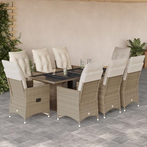 Ziaphsol Ensemble bistro de jardin 9 pièces avec coussins beige en polyrotin - Fauteuil de relaxation réglable - Table en verre - Résistant aux UV - Pour balcon et terrasse
