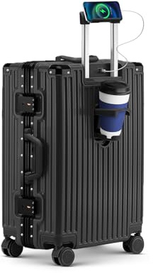 Faqy Z 20 Inch Carry On Suitcase, Aluminum Frame Zipperless Hard Shell Luggage with Spinner Wheels, TSA Lock, USB Charging Port, Phone Holder, Cup Holder for Business Travel and Trips, Black