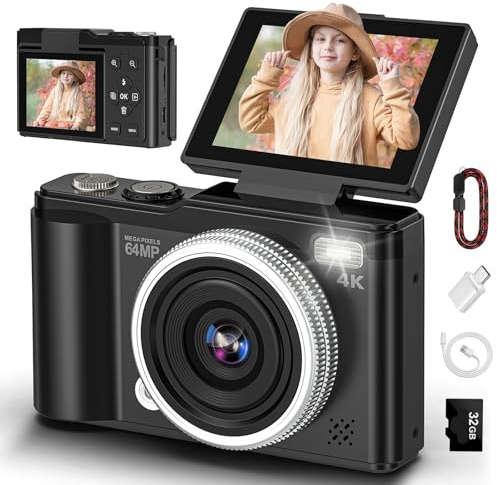4K 64MP Digital Camera with 32GB TF Card, 180° Flip Screen Autofocus Camera with Macro Function and 16x Digital Zoom, Compact Camera with USB Cable for Teenagers Boys and Girls