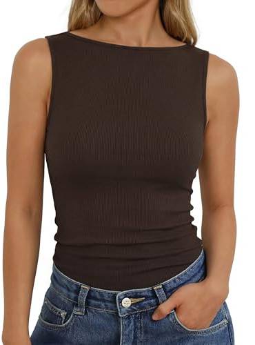 Aottori Camiseta de Tirantes Mujer para Verano Canalé Elástico Cuello Barco