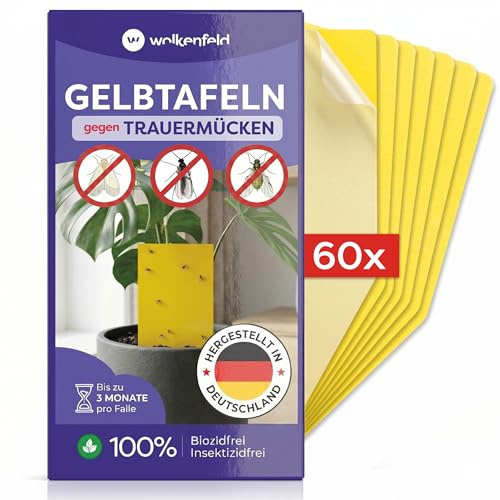 Wolkenfeld Trampa Moscas Plantas 60 Piezas Pegatinas – Trampas Amarillas para Insectos, Atrapa Mosquitos Adhesivo Doble Cara, Sin Insecticida – Interior, Macetas y Invernadero – Made in Germany