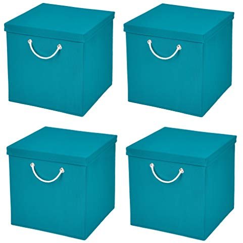 Stick&Shine 4x Aufbewahrungs Korb Türkis Faltbox 30 x 30 x 30 cm Regalkorb faltbar mit Kordel und mit Deckel