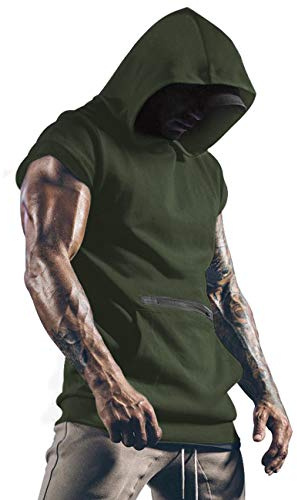 Men's Hooded Gym Top Running Vest Tank Tops Casual Sleeveless Sports T-Shirt Gilet Clothing Army Green M
