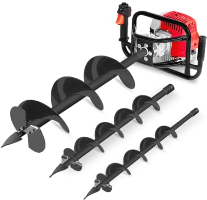 GREENCUT GD750X-3S – Tarière Thermique 75cc 5,2CV, Perceuse à Terre à Moteur 2 Temps, 3 Mèches en Acier (100/150/200 mm), Profondeur 80 cm, Idéale pour Jardin et Poteaux