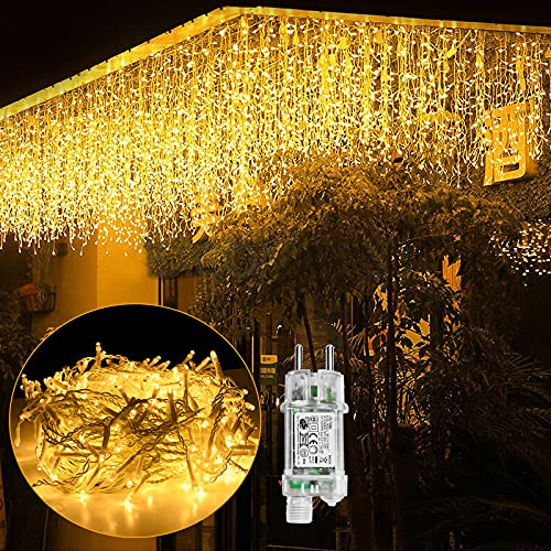 UISEBRT LED-ljusgardin, för utom- och inomhusbruk, 400 lysdioder, varmvit ljusgardin med 8 lägen, IP44 vattentät, för jul, halloween, trädgård och balkong (10 m, istappsslinga)