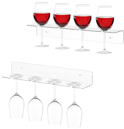 Hexsonhoma Clear Acrylic Under Cabinet Wine Glass Holder, Wall Wine Glass Storage Shelves, Stemware Wall Rack (4 Glasses 2 Pack)