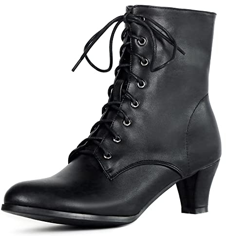 Cozivwaiy Women Vintage Victorian Boots 70s Lace up Ankle Boots Mid Heel Witch Granny Booties Costume Shoes Cone Heel Zipper Almond Toe Black 11