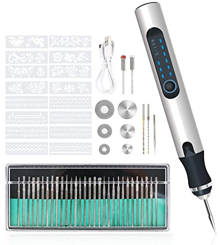 Elektrischer Gravierstift, Wiederaufladbarer Gravierwerkzeugsatz, Kabelloses Graviergerät mit Bohrern und Schablonen zum Schnitzen von Glas, Holz, Metall, Stein, Nägeln, Keramik (Silber-2)