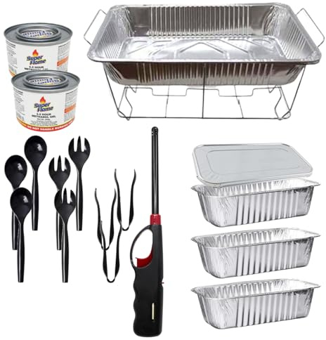 Nicole Fantini 5LB Loaf Pans Chafing Dish Buffet Set Disposable Aluminum Set | Includes Fuel, Wire Racks, Foil Pans Full Size, Utensils with Handi Lighter | 20 Pieces, Silver