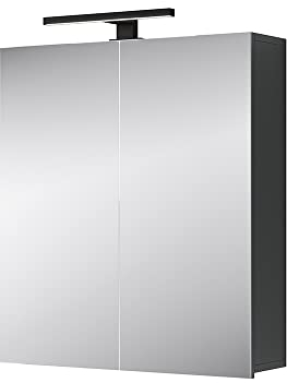 Planetmöbel Merkur Spiegelschrank Bad mit Beleuchtung 60 cm breit | Badschrank hängend mit Spiegel | Matt-Schwarz LED Beleuchtung | Anthrazit