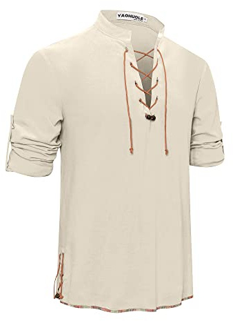 YAOHUOLE Men's Linen Shirt Long Sleeve Retro Lace Up Shirts for Medieval Costume Renaissance Pirate Tops Scottish Ghillie Shirt Viking Clothing