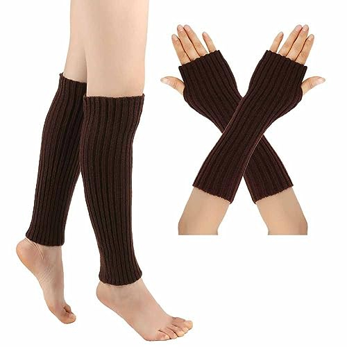 SHTGOI Beinstulpen und Pulswärmer Set Baumwolle Strick Beinwärmer Fingerlose Handschuhe Winter Arm Handwärmer Legwarmer Bein und Arm Stulpen für Yoga-Tanzen Turnhalle Ausübt Halten Warm Kaffee