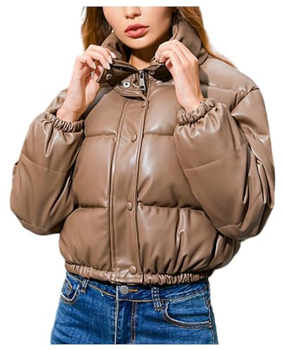 Shuanghao Giacca-Donna Invernale-Ecopelle Oversize-Calda Cotone-Impermeabile Trendy-Elegante Cappotto - Trapuntato Leggera Giacca in Pelle PU,Tinta Unita Giacca con Tasche Modae da Donna Caffè L