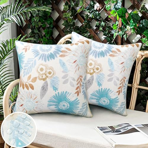 LRartdeco Esterno Impermeabile Federe Cuscini per Divano Blu Copricuscini 40x40 Fiore Estivo Copri Cuscini per Divano Decorativi Set di 2 Copricuscino per Giardino da Esterno Divano Decor