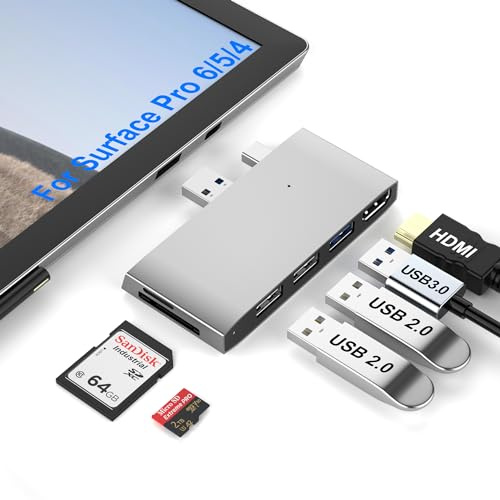 Arkidyn Plus Surface Pro 6/5/4 dockningsstation: USB 3.0, 2x USB 2.0, 4K HDMI, SD/TF-kortläsare för Microsoft Surface Pro 6/5/4