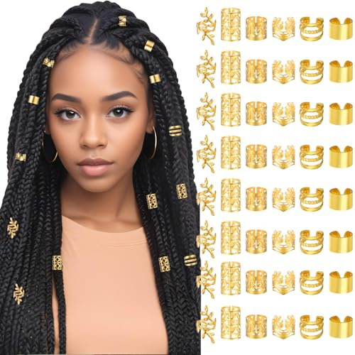 Tyqour 48 Stück Gold Haarschmuck für Zöpfe Gold Dreadlocks Schmuck, Goldener Braids Schmuck, Verstellbar Piraten Haarschmuck Pirat Haarspiralen Clips Festival Dreadlock Zubehör für Damen Männer Frauen