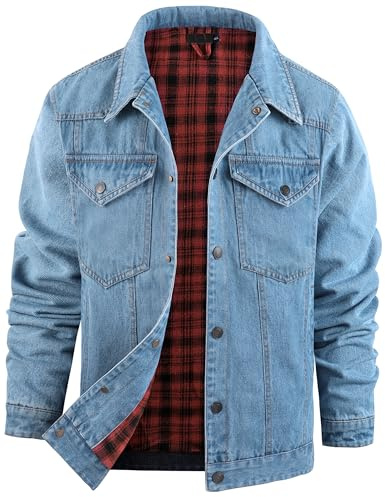 Rousytn Men's Flannel Lined Denim Jackets Cowboy Cut Western Vintage Rugged Jean Trucker Jacket with Pockets(LightBlue-M)