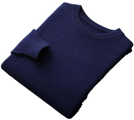 100% Merino Wool Sweater Mens Crew Neck Pullover Tops Solid Color Seamless Sweater Basic Jumper Navy Blue L