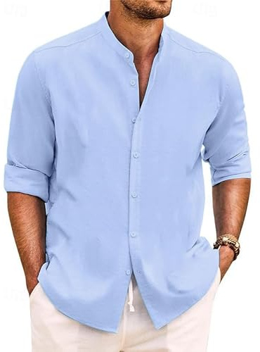 Yageshark Chemise en lin à manches longues pour homme - Chemise d'été boutonnée - Col montant - Chemise de loisirs - Coupe droite - Chemise de plage en lin
