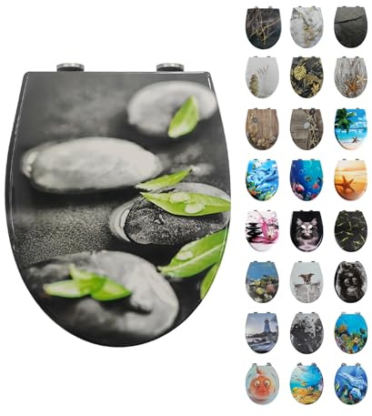 Toilettendeckel mit Absenkautomatik, WC Sitz mit Absenkautomatik Oval Form klodeckel Einfache Reinigung, Abnehmbarer WC-Sitz, 150kg belastbar, einfache Montage – Motiv: Blätter