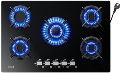 WEHIMO Gaskochfeld 5 Flammig, Gasherd 77cm, Glas Einbau-Gaskochfeld Dicke 8 mm, Schwarz Gaskochfeld mit Automatischem Flammenschutz, Gas Stove für Erdgas oder LPG, 10500W, 127-240V