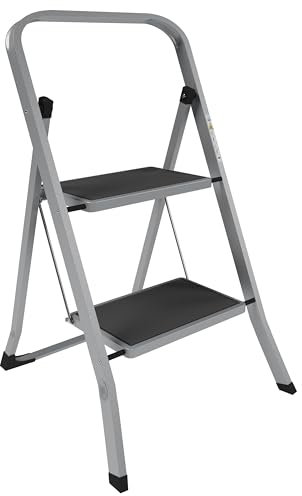 Home Vida Escabeau à 2 marches en Acier Robuste avec marches Larges et antidérapantes, Charge maximale de 150 kg, pour la Maison, la Cuisine, Le Bricolage, Le Jardin, Gris