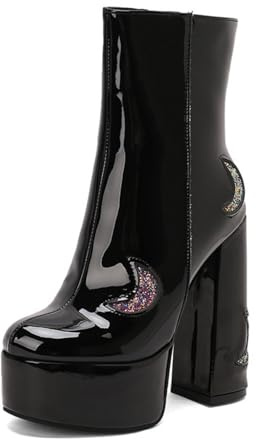 Botines Punk De Tacón Grueso De Bloque para Mujer Charol Botines De Plataforma con Cremallera Punta Redonda Botas Cortas con Brillo Luna,Negro,41.5 EU