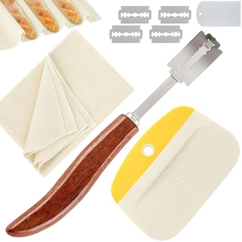 Coltello Pane Panificazione 3er Set [inkl. 1 Taglierino per Pane con 5 Lametta, 1 Tagliapasta Multiuso, 1 Panno Lievitazione Pane]- Taglia Pane Curvi, Bread Lame per Intagliare Modelli di Pane Crudo