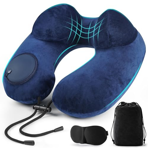 KUOGAS nackkudde flygplan, nackkudde uppblåsbar, resekudde flygplan | Justerbar bärbar ergonomisk nackhörna, resekudde med ögonmask, bärväska, uppgraderingsversion