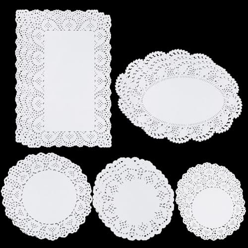 5 Sizes Paper Doilies, 150 Pcs Lace Doilies Paper Round Disposable Placemats White-Doilies for Tables Dessert Trays Party Craft Wedding Birthday Cakes Tableware Decorations