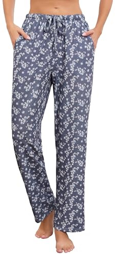 Vlazom Women's Pyjama Bottoms Soft Cotton Lounge Pants Print Wide Leg Long Pj Trouser with Pockets Drawstring Grey Chamomile,M