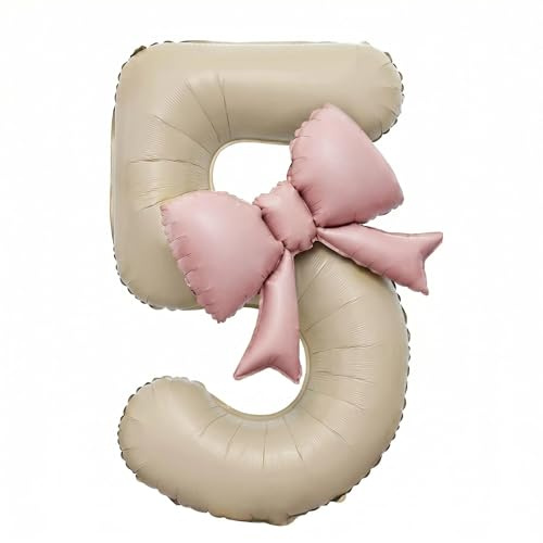 Number 5 Balloon with Bow - Cream White Foil Number Balloon for Birthday & Anniversary Party Decorations, Balloons (Number 5)