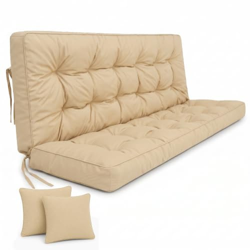 POKAR Hammockdyna 180 cm | Trädgårdsdyna Utomhus | Beige | 3 delar, sits och rygg i ett stycke, 2 prydnadsdynor 40x40 cm, tåligt OXFORD-tyg, fästband, OEKO-TEX, Tillverkad i EU