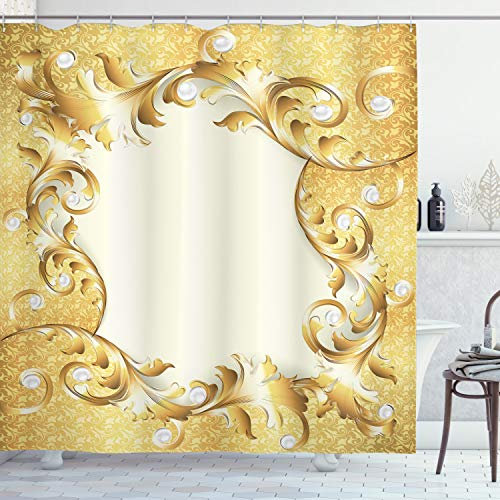 ABAKUHAUS Jahrgang Duschvorhang, Goldene Blumenverzierung, Stoffliches Gewebe Badezimmerdekorationsset mit Haken, 175 x 240 cm, Creme Gelb
