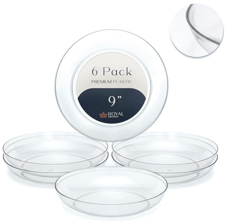 Royal Imports 9 Clear Plastic Saucer Plant Drip Tray, Low Pie Plate, Floral Flower Dish, Wedding, Party, Home and Holiday Decor, 6 Pack
