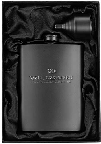 Mattschwarzer Flachmann 237 ml + schwarzer Trichter + schwarzer Canvas-Beutel. Geschenkset, edle Verpackung. Gravur wohlverdient. Edelstahl-Flachmann für Herren
