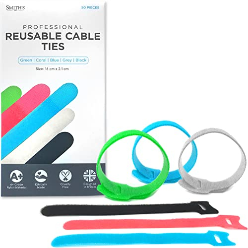 Smith’s® Reusable Adjustable Nylon Strap Cable Ties (50 Pack: Multi Coloured) | 1.2cm x 16cm | Hook & Loop | Reusable | Extra Long | Extra Strong | Perfect for Computer & TV Cable Management!