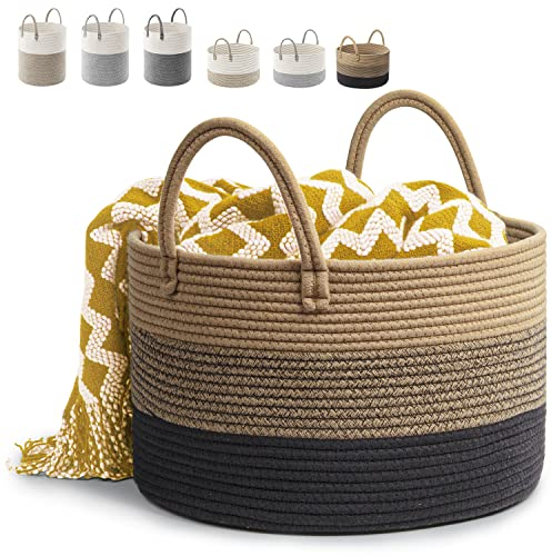 Rieeyrslza Corbeille à Linge en Coton Tissé D40 x H25 CM Panier de Rangement en Corde de Coton 32L Pliage Corbeilles à Linge Avec Anse Convient à la Décoration Intérieure (3 Blocs de Couleurs Marron)