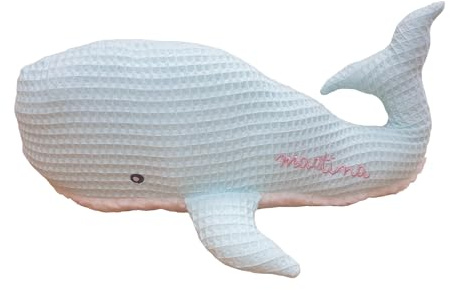 Nenel Cojín Ballena para Bebé Personalizado – Cojín Cuna con Cascabel Personalizado - Cojín bebé con Nombre Gofre - Cojín Cuna bebé Personalizado - Cojín Recién Nacido Waffle (Verde Agua)