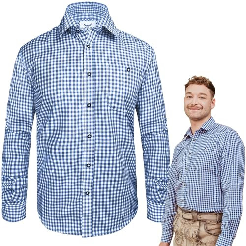HOFGLANZ® Traditionelles Trachtenhemd Herren Langarm [KARIERT IN BLAU] - Hochwertiges Kariertes Trachten Hemd für Männer - Bayrisches Oktoberfest Hemd für Herren Outfit (Größen S-4XL)