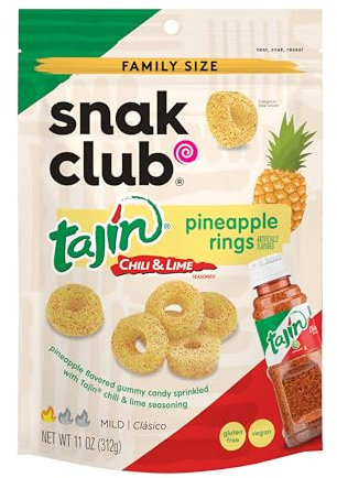 Snak Club Anillos de piña, tajin chile y lima, condimentados, dulces y picantes, sabor suave, bajo en grasa, vegano, sin gluten, tamaño familiar, 325 ml