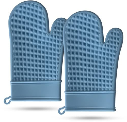 Set di guanti da forno in silicone antiscivolo e resistenti al calore, impermeabili, senza BPA, con superficie antiscivolo per cucinare, barbecue, cucina, confezione da 2 (azzurro)