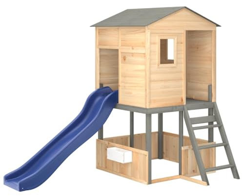 vidaXL Outdoor Playset for Kids - Solid Fir Wood & Polypropylene - Dark Grey/Blue - Backyard Playground with Slide, Wooden Railings & Roof, 145 x 131.5 x 218.5 cm Suitable for 3-12 Years