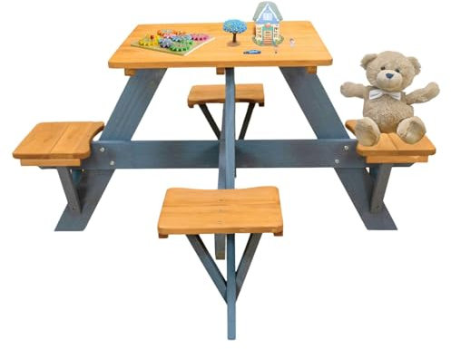 Coemo Kindersitzgruppe Picknicktisch Romy Braun Gartentisch aus Holz für Kinder, 110 x 110 x 56 cm, 4 Sitzplätze, Garnitur ideal für drinnen und draußen, stabile Konstruktion, wasserbasierte Lasur