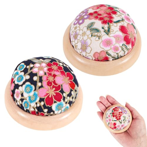Tinoaly 2pcs Sewing Pin Cushions, Japanese Round Needle Holders with Wooden Base Cotton Floral Pincushions for Quilting Needlework DIY Crafts Art Projects Supplies Accessories