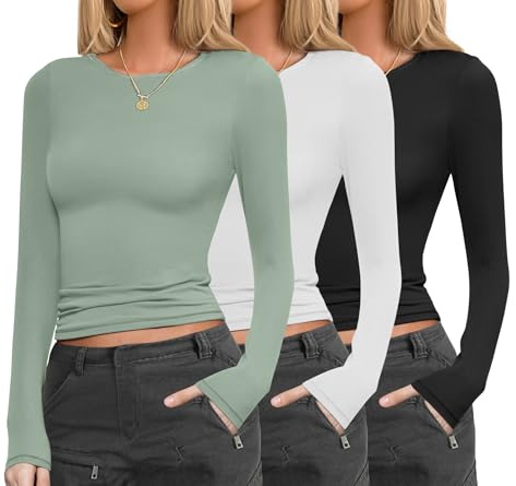 Ekouaer 3-pack basic långärmad skjorta damer termoundertröja toppar rund hals varm crop topp, S–XXL, Grön + vit + svart, S