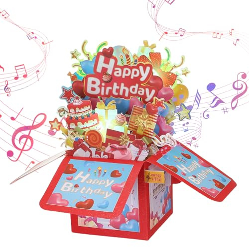 LIHAO Geburtstagskarte Frau mit Musik Licht Pop Up Karte Geburtstag Geburtstagskarten Mann Happy Birthday Geschenk Rot