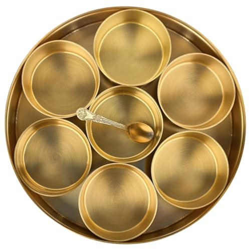 ANCIENTIMPEX Boîte à épices en laiton (Masala Dabba) avec 7 bols, cuillère et couvercle – Masala Daani indien traditionnel pour cuisine, organisateur d'épices et boîte de rangement (22,9 cm)