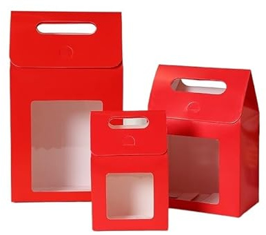Bolsa de Regalo con Ventana Transparentes Bolsas de regalo con ventana transparente, papel kraft asa, for dulces, galletas y pasteles, 50 o 100 unidades(Red,19x14x8cm,50pcs)